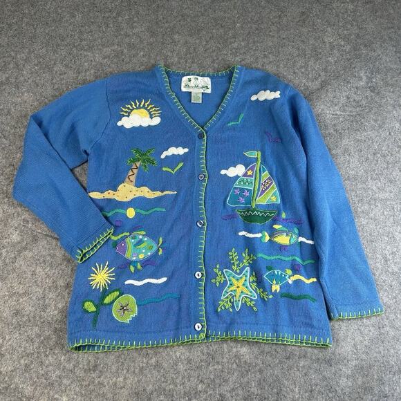 Quacker Factory Sweater M Coastal Embroidered Beach Fish Granny Cottagecore 90's - Picture 1 of 8